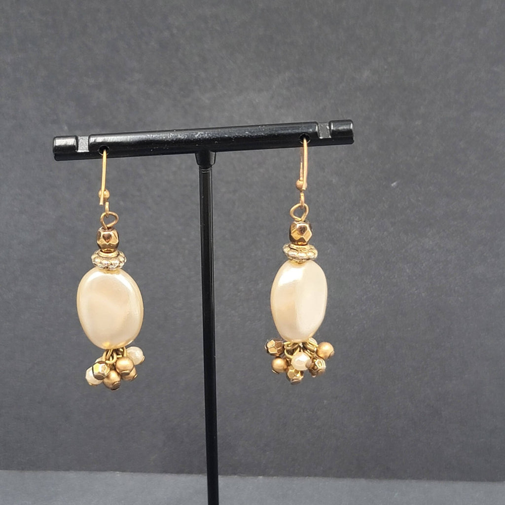 Pierced Earrings Copper tone Faux Pearl Beaded Dangle 1.5"