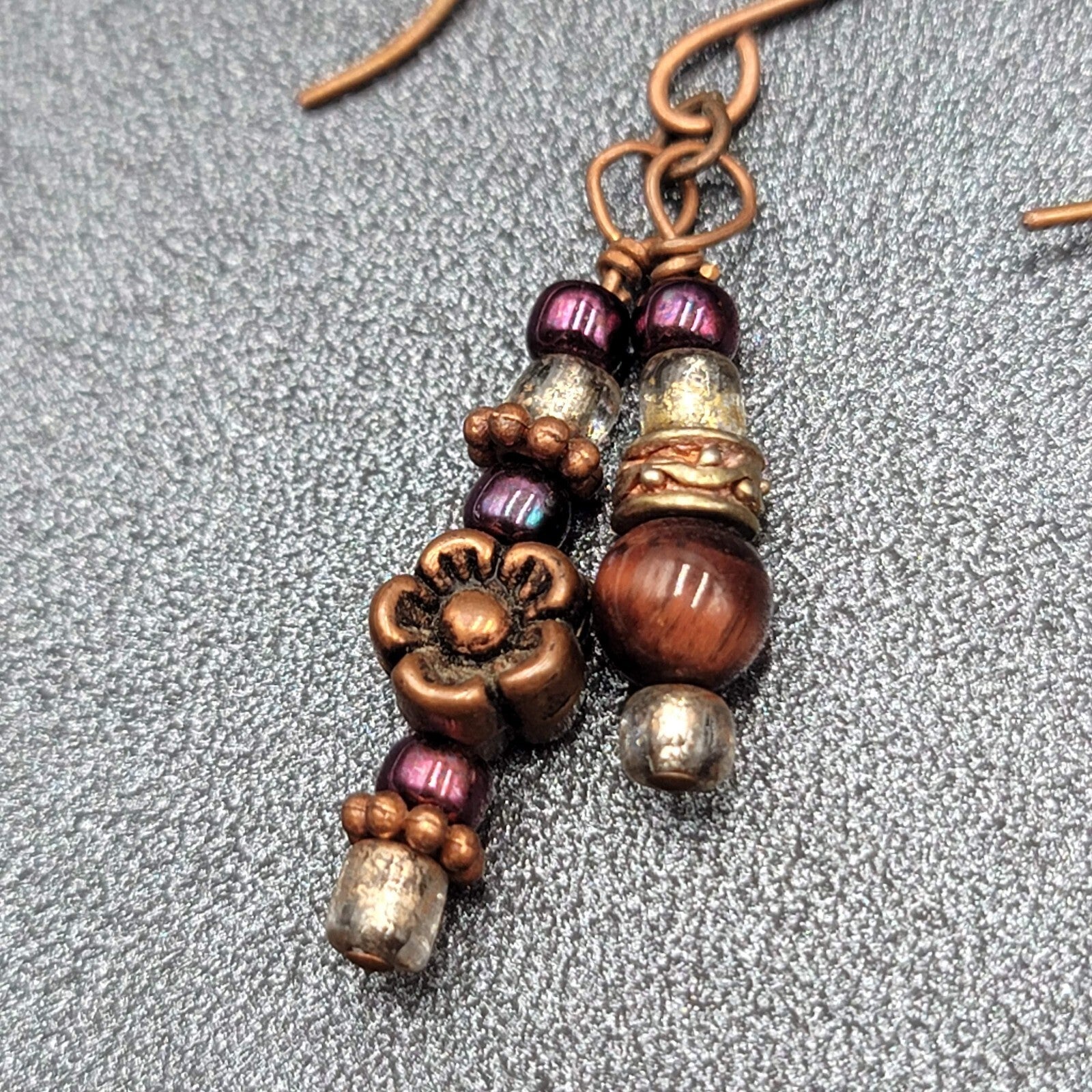 Pierced Earrings Copper tone Red Bead Dangle Flower  1.25"