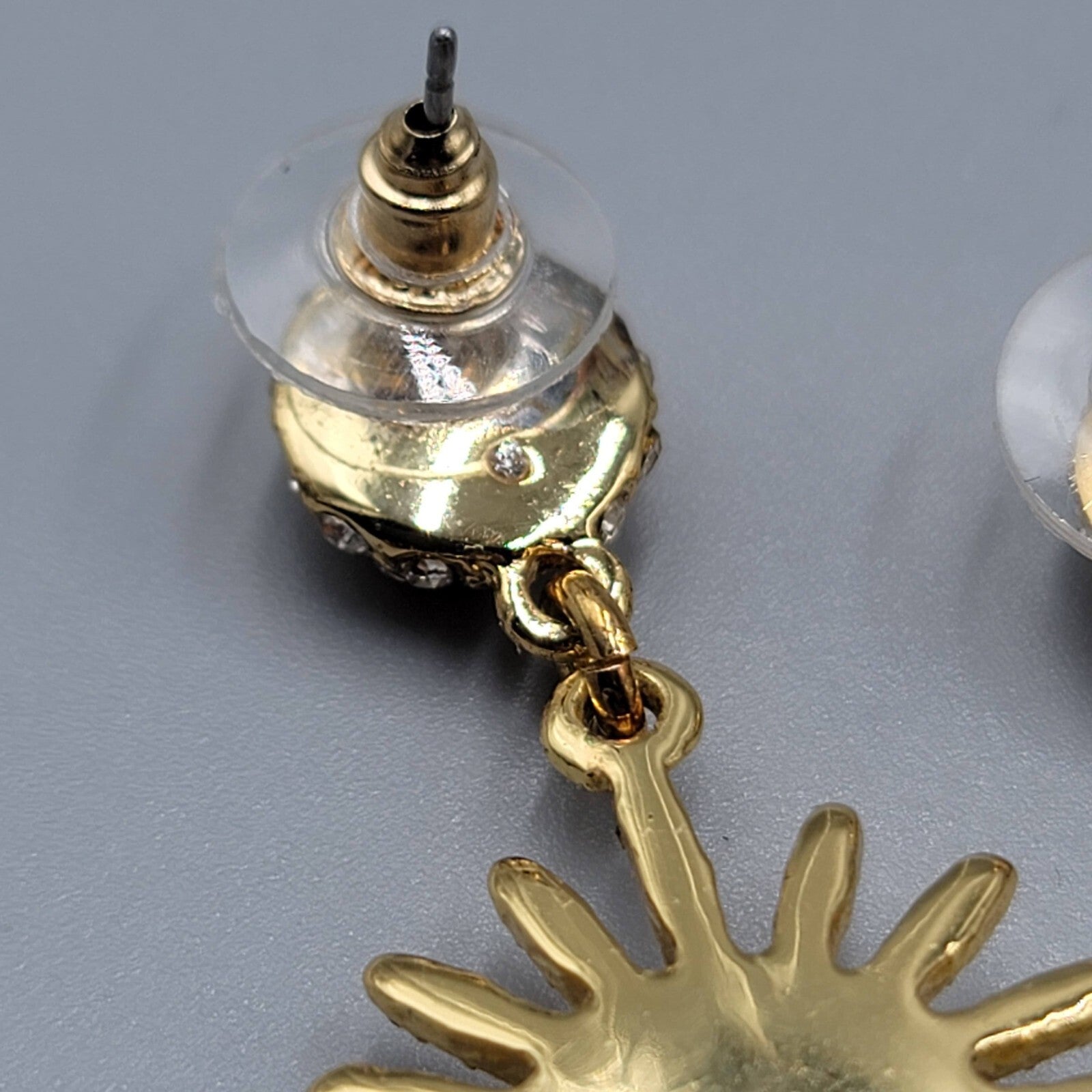 Pierced Earrings Gold tone Multicolor Crystal Starburst Sun Dangle 1.75"