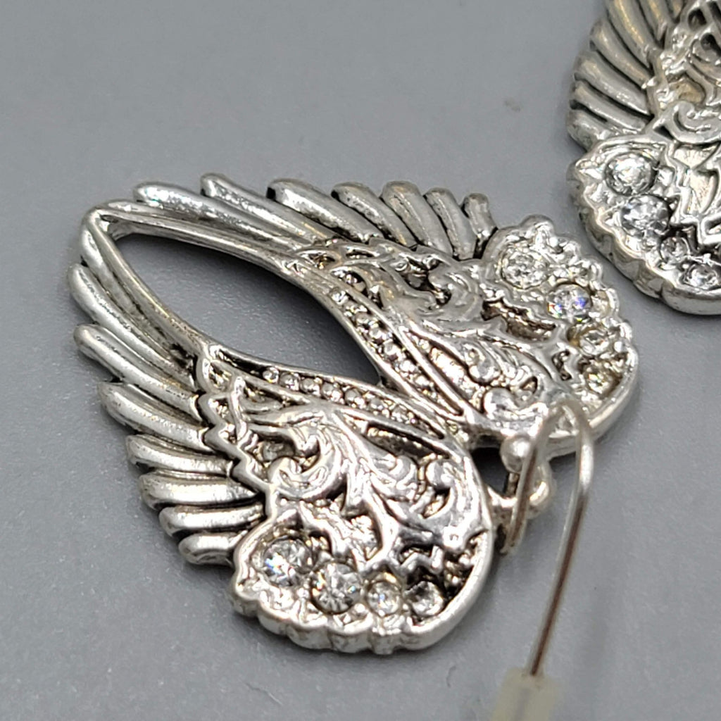 Crystal Angel Wings Pierced Earrings Silver tone Dangle 1"