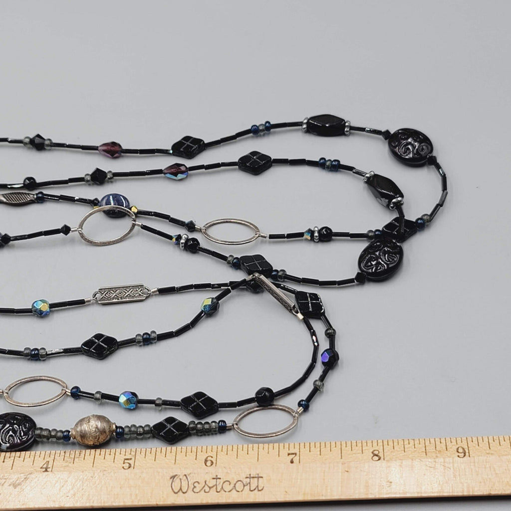 Black Glass Bead Necklace Silver tone LONG Hook Clasp 48"