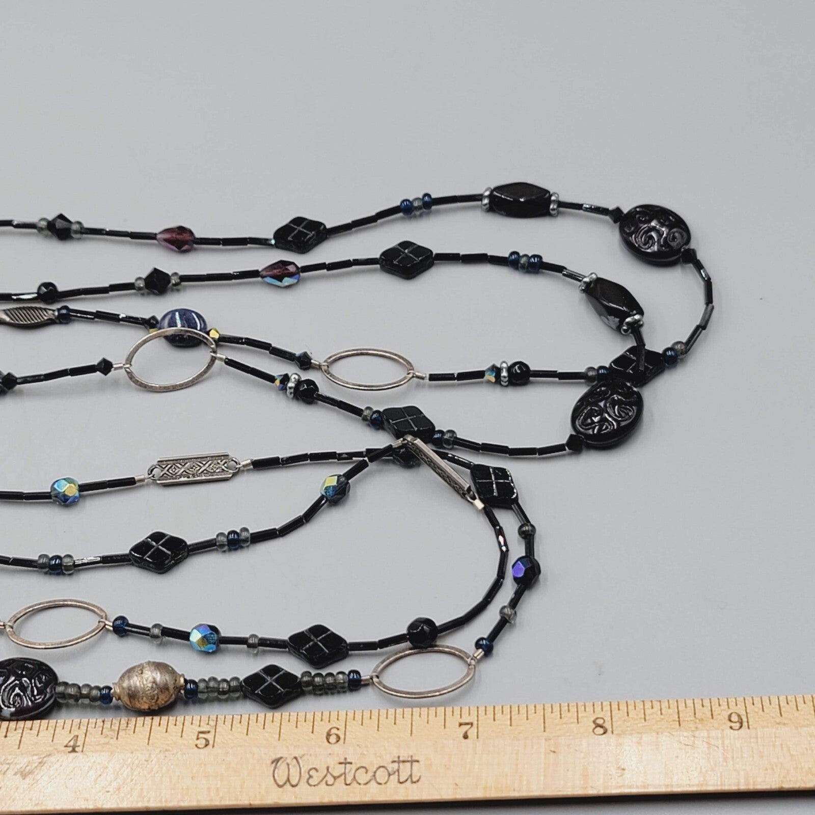 Black Glass Bead Necklace Silver tone LONG Hook Clasp 48"