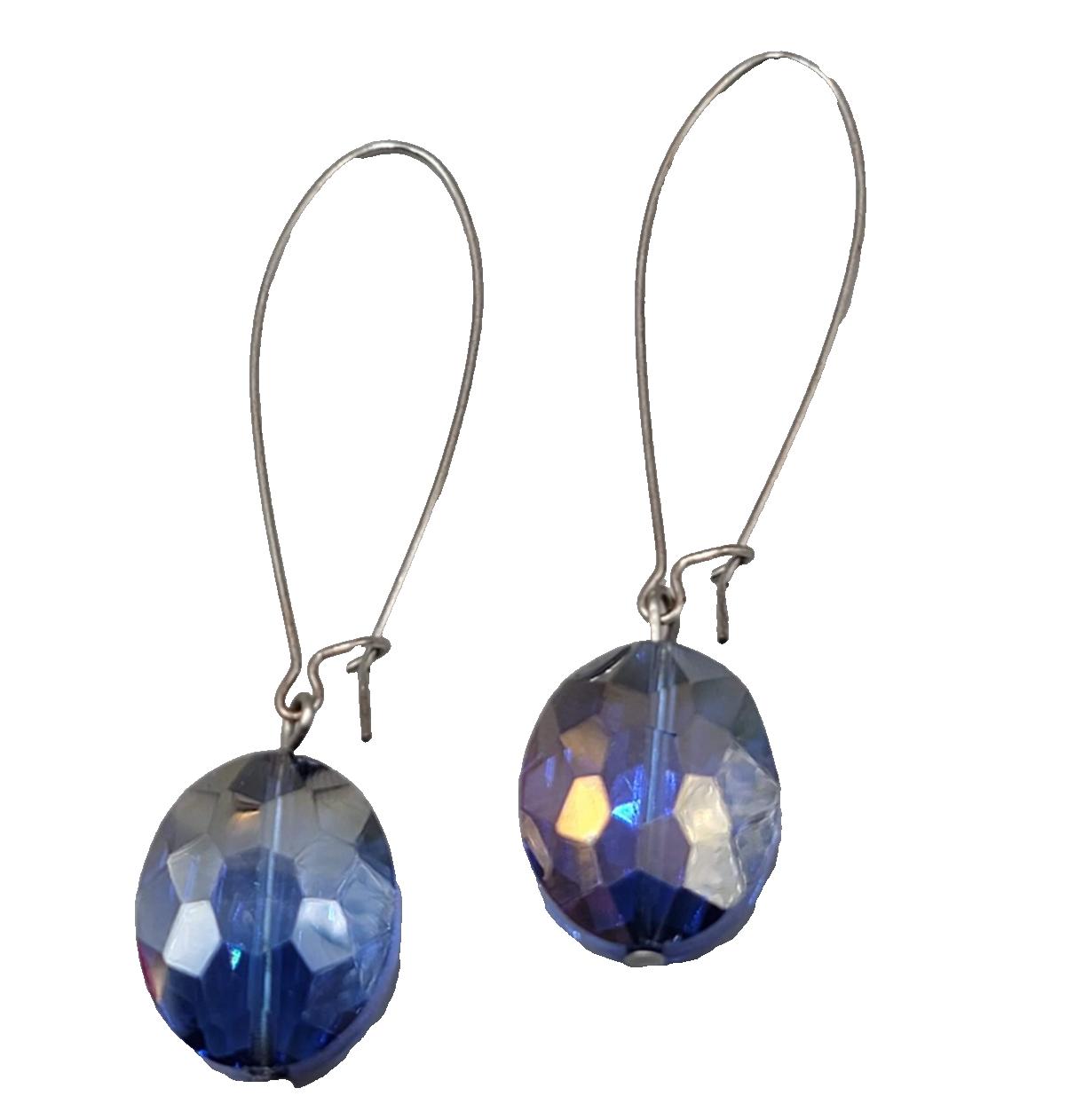 Faceted Blue Crystal Bead Pierced Earrings Silver tone Dangle Long 2.75 in