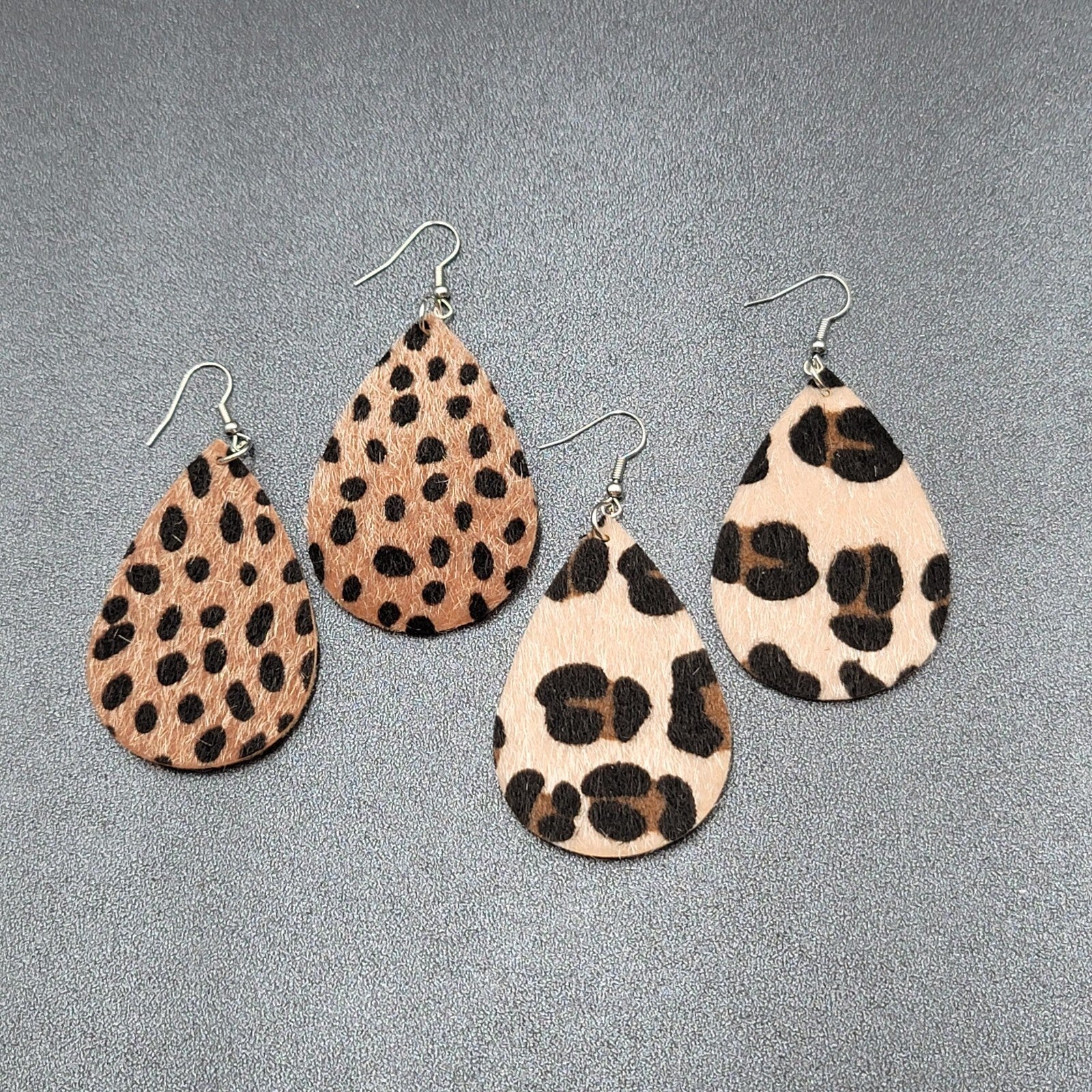 Lot of 2 Pierced Earrings Faux Leather Furry Cheetah and Leopard Print 2.25"