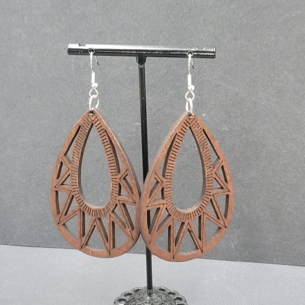 Boho Wood Pierced Earrings Laser Cut Open Teardrop 2.5"