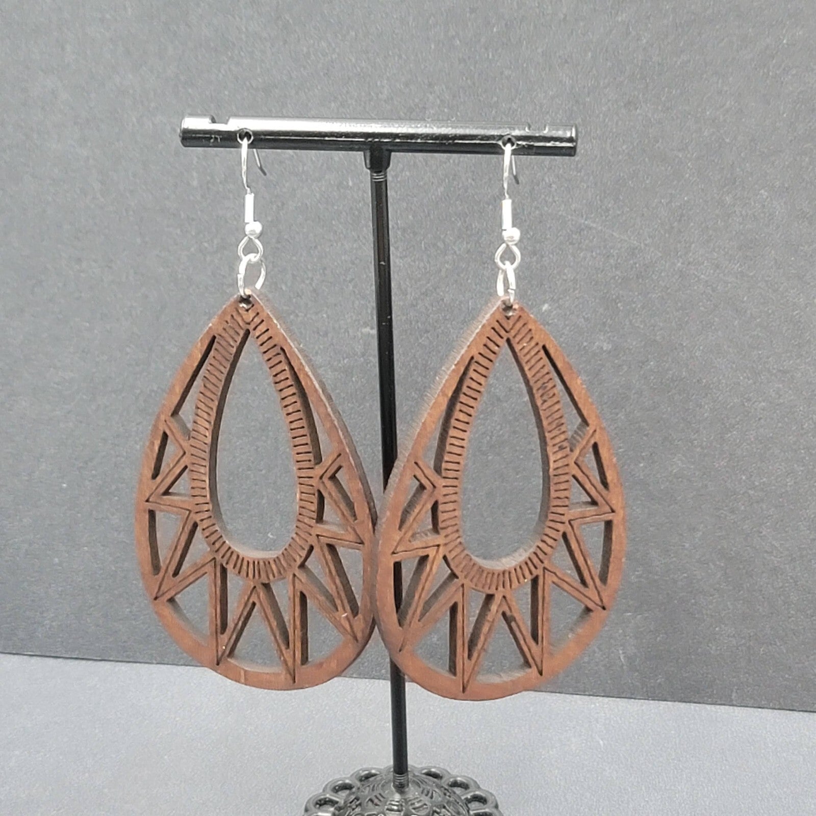 Boho Wood Pierced Earrings Laser Cut Open Teardrop 2.5"