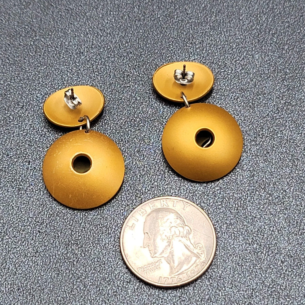Pierced Earrings Brushed Gold tone Gold Silver Accent Modernist Dangle  1 3/8"
