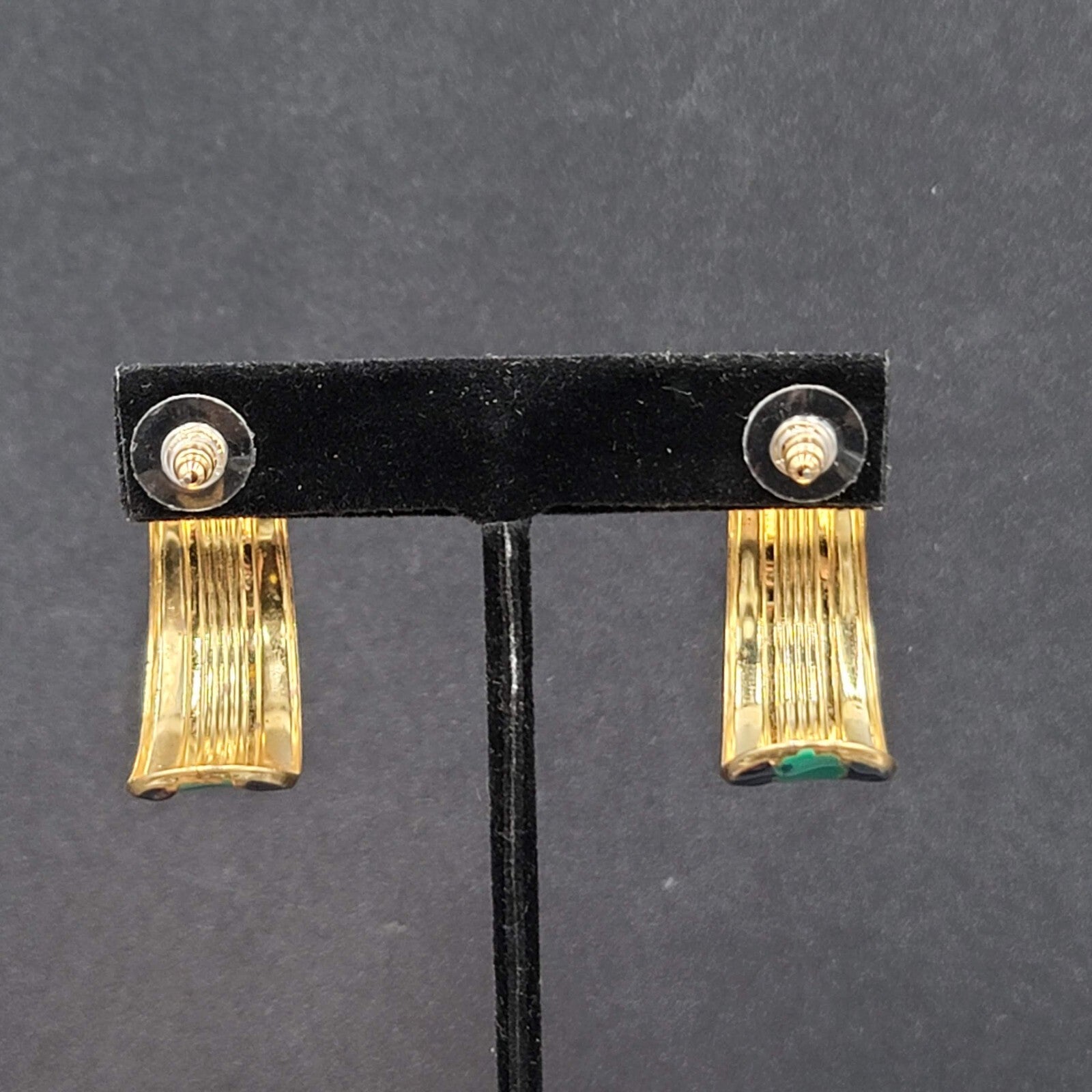 Vintage Pierced Earrings Gold tone Green Black Enamel Hoops 1.25"