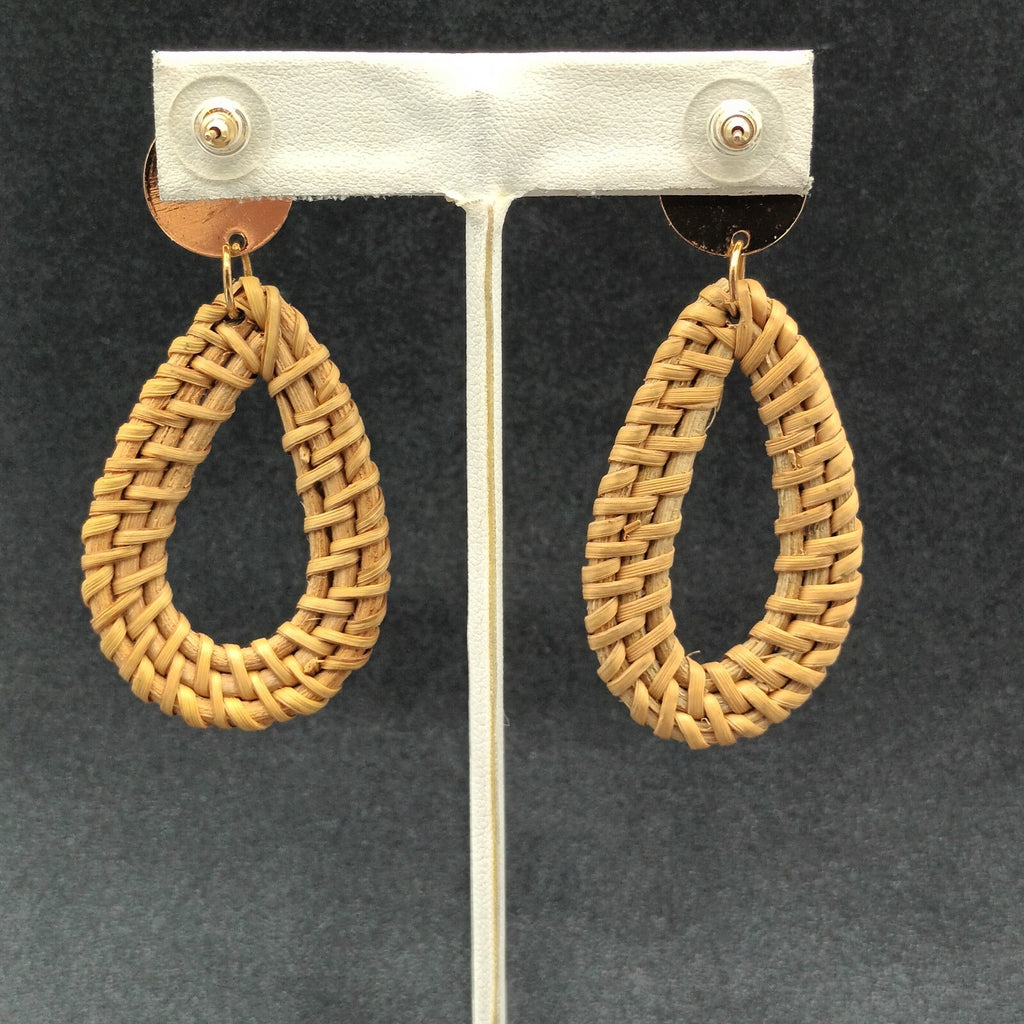 Pierced Earrings Gold tone Rattan Teardrop Statement Dangle 2 1/2"