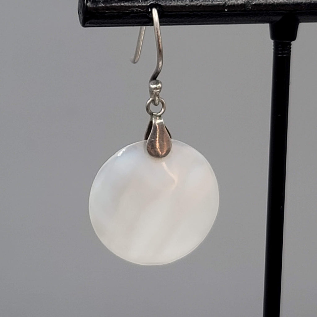 Sterling Silver Pierced Earrings Round Mother of Pearl Dangle 7/8"