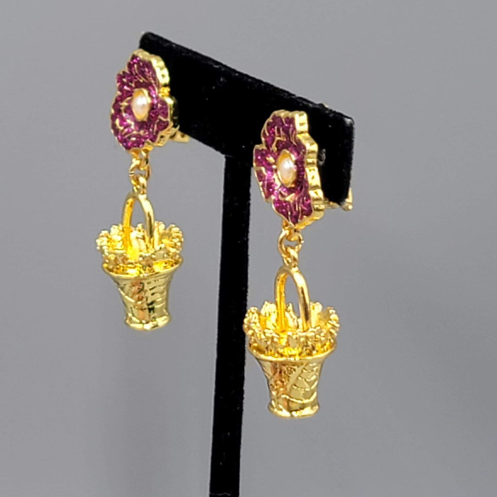 Vintage Pink Enamel Flower Clip on Earrings Gold tone Dangle Basket 1.75"