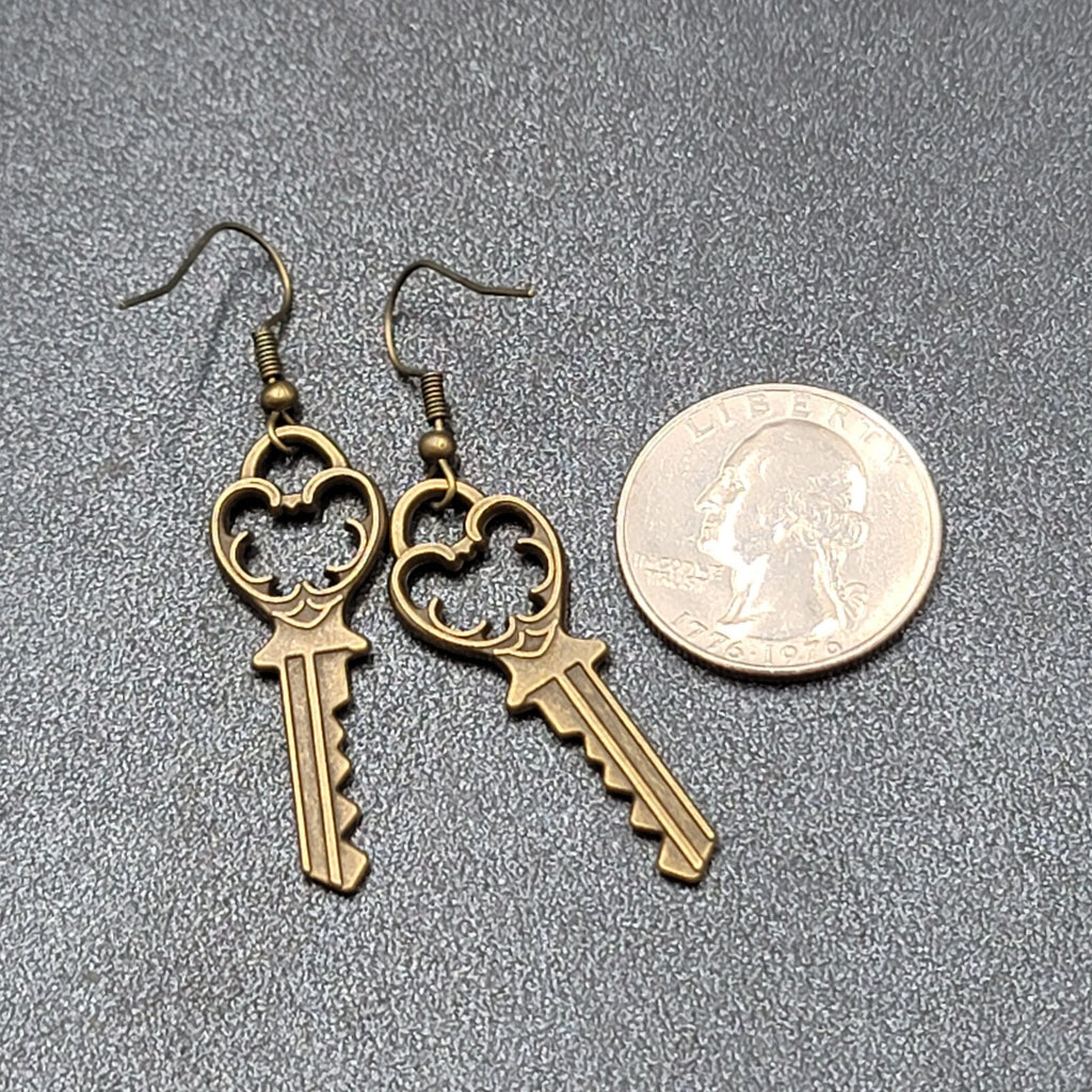 New Pierced Earrings Ornate Key Bronze tone Dangle 1.5"