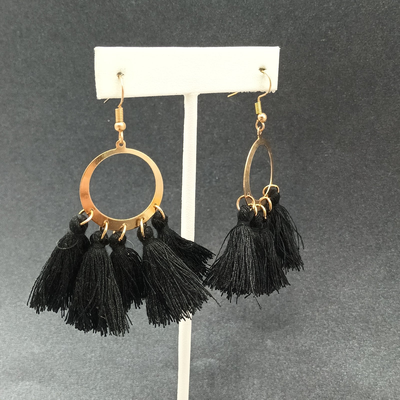 Boho Pierced Earrings Gold tone Circle Black Tassel Statement Dangle 2 1/4"