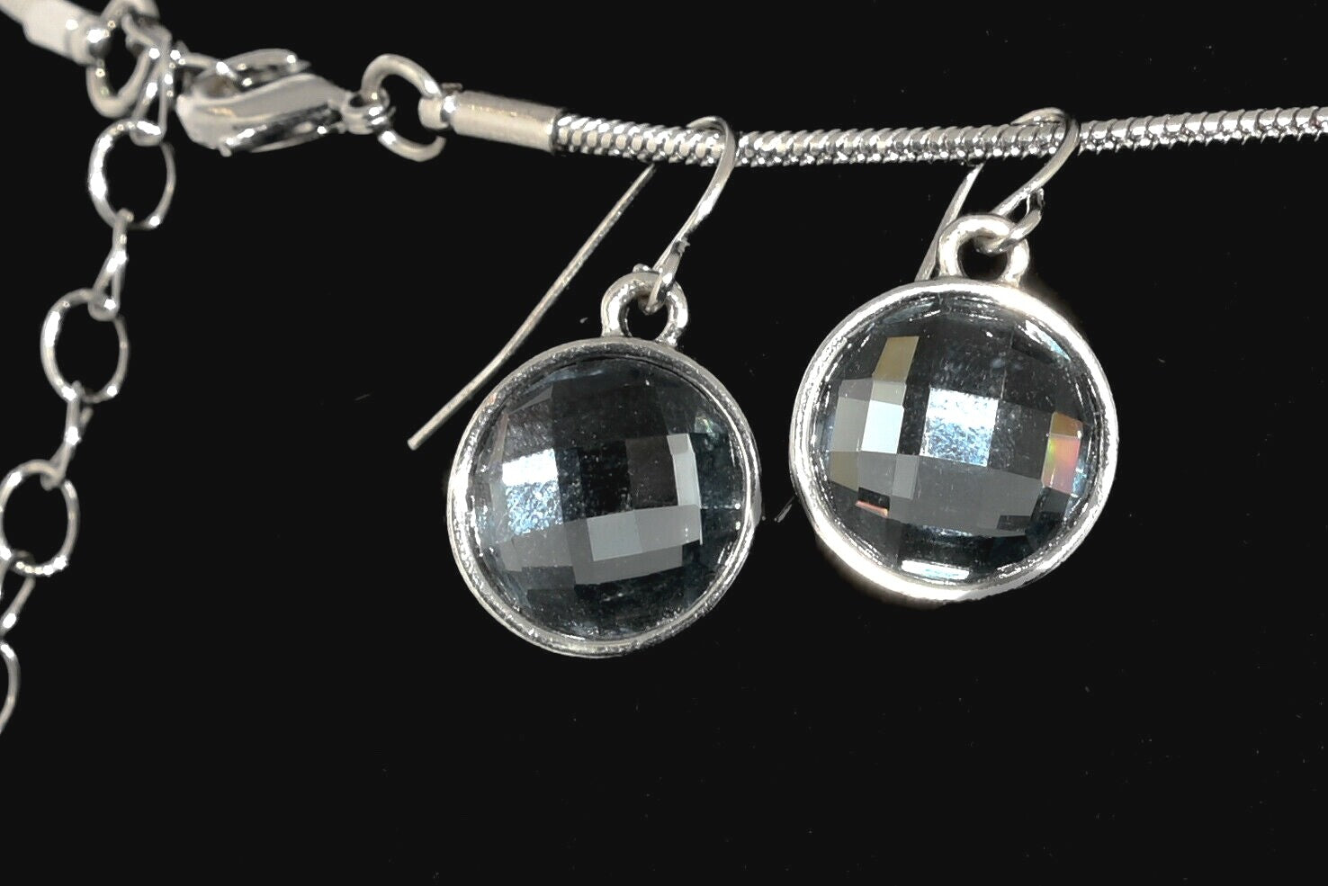 Faceted Glass Statement Necklace Pierced Earring Jewelry Set 19" - 22"