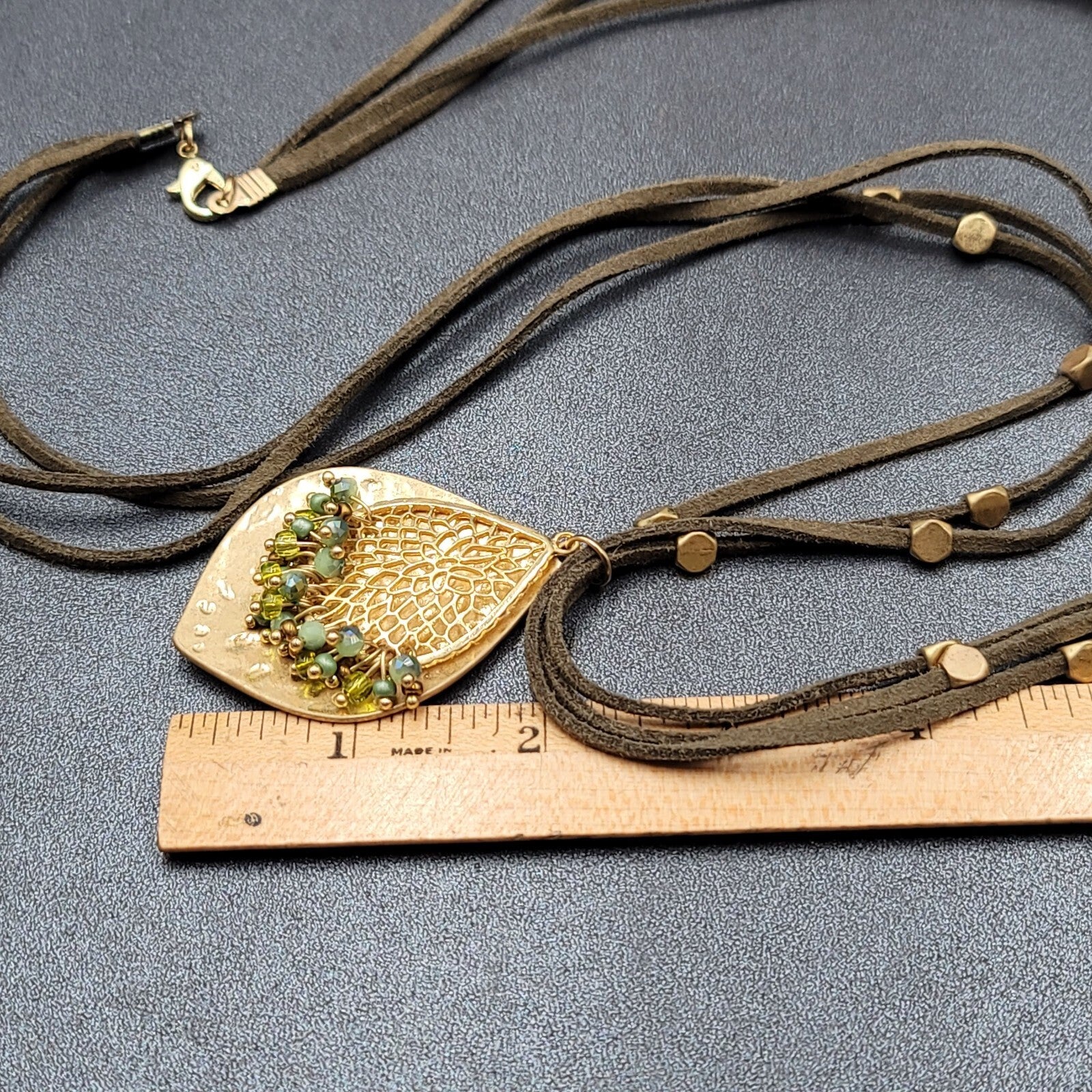 Long Statement Necklace Green Suede Triple Cord Gold tone Pendant 54"