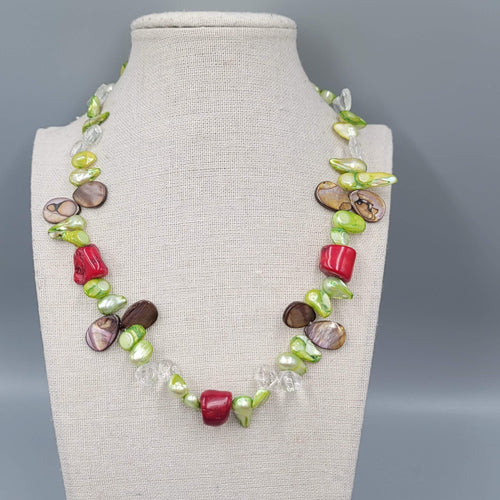 Dyed Shell Coral and Clear Quartz Bead Necklace Multicolor 18"