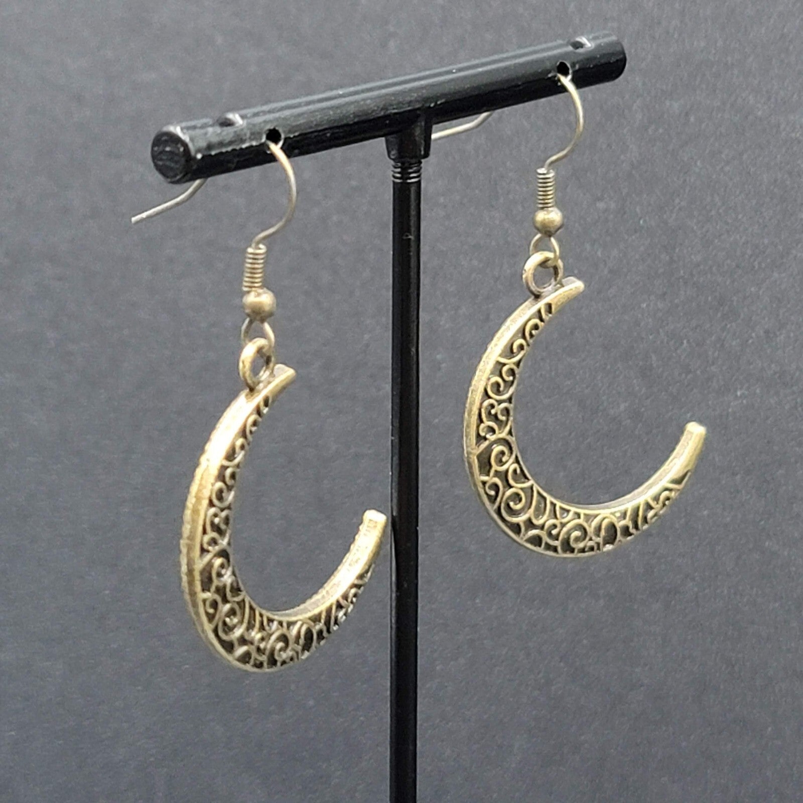 New Crescent Moon Pierced Earrings Embossed Pattern Bronze tone Dangle 1.25"