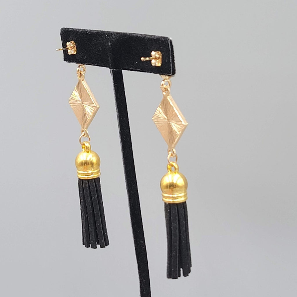 Black Tassel Pierced Earrings Gold tone Dangle 3"