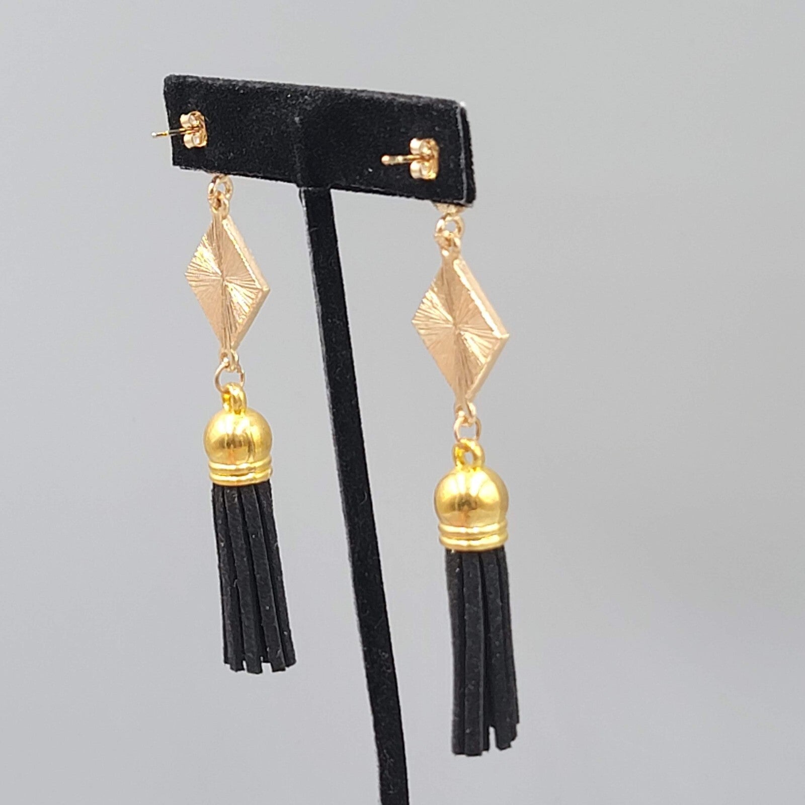 Black Tassel Pierced Earrings Gold tone Dangle 3"