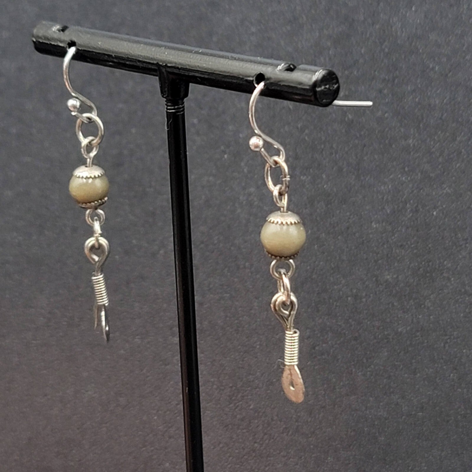 Boho Pierced Earrings Silver tone Artisan Green Bead Dangle 1.25"