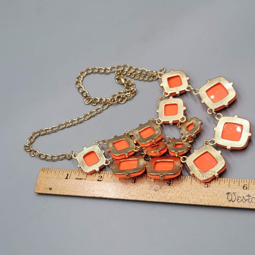 Orange Acrylic Bib Necklace Gold tone 16"-18"