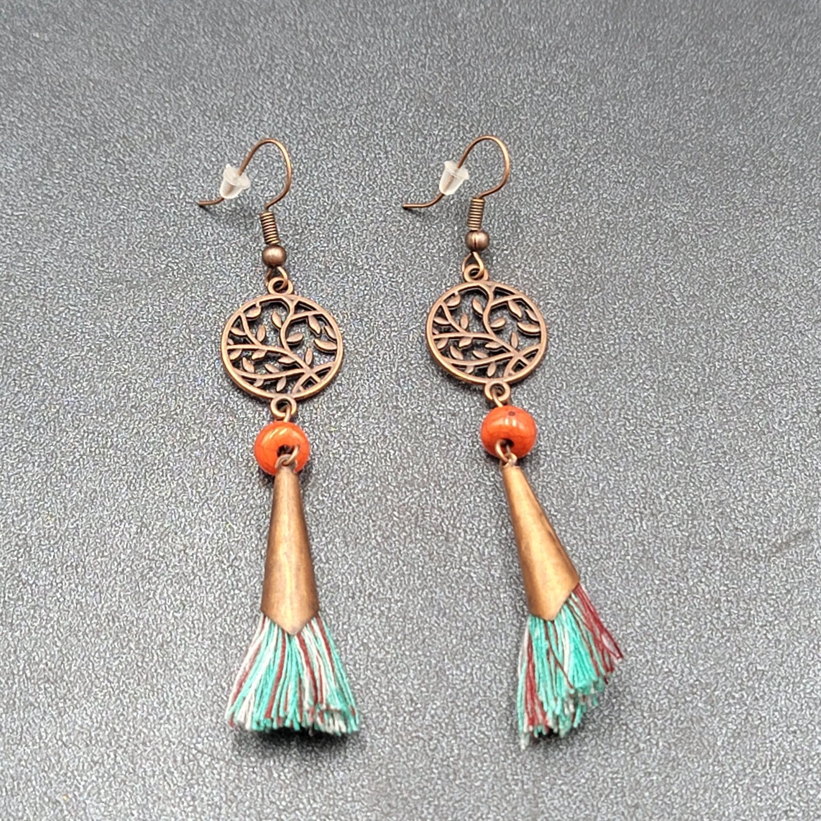 New Boho Pierced Earrings Copper tone Blue Tassel Red Bead Dangle 2.75"