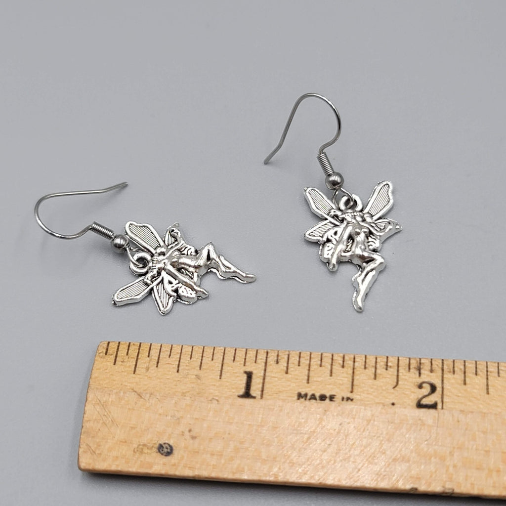 Fairy Pierced Earrings Embossed Silver tone Dangle 3/4"