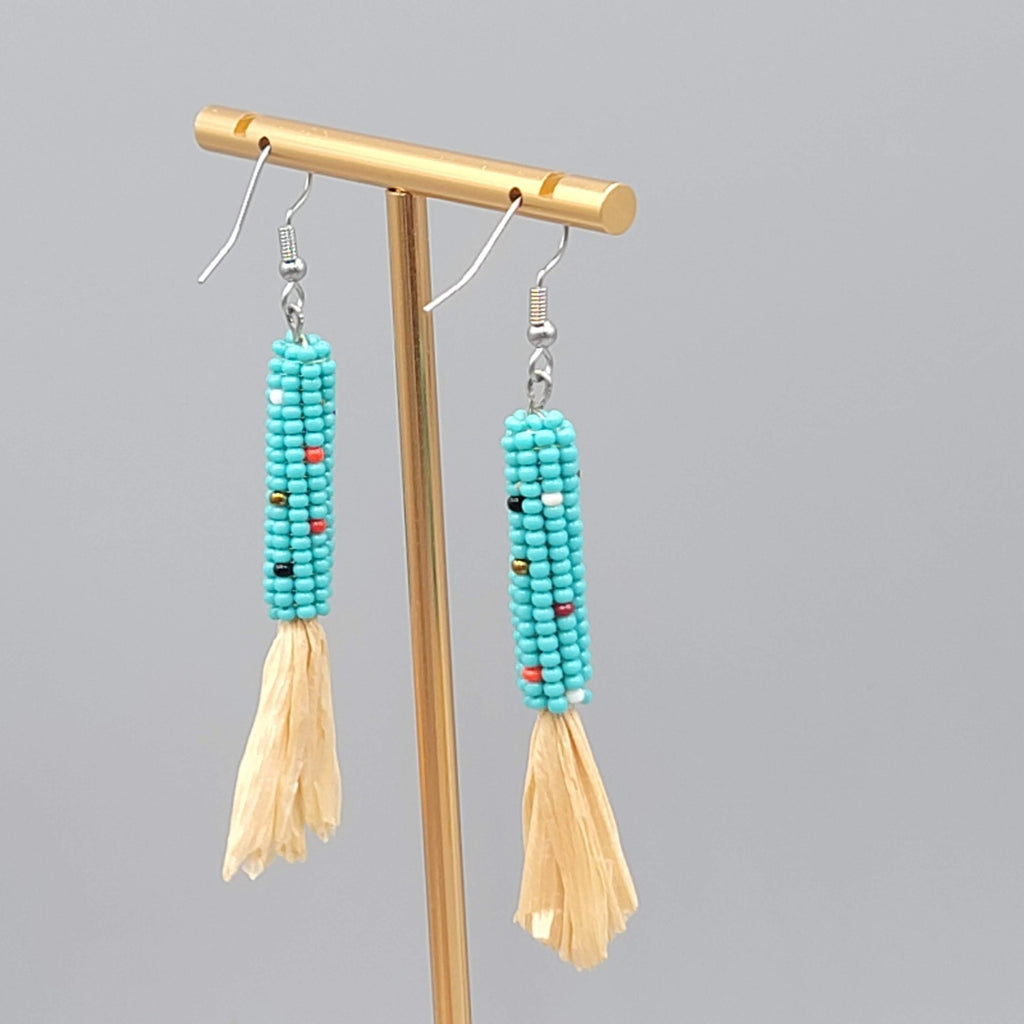 Blue Seed Bead Corn Maize Pierced Earrings Silver tone Dangle Southwest 2.25 in
