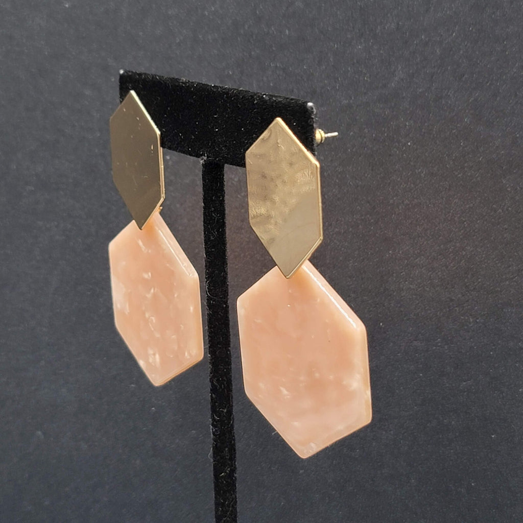 Pierced Earrings Gold tone Pink Resin Geometric Dangle 2.5"