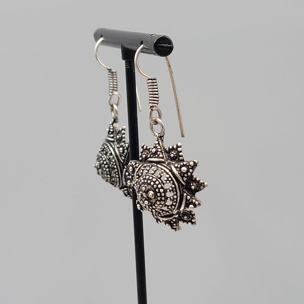 Oxidized Silver tone Pierced Earrings Boho Ethnic Ornate Dangle 1"