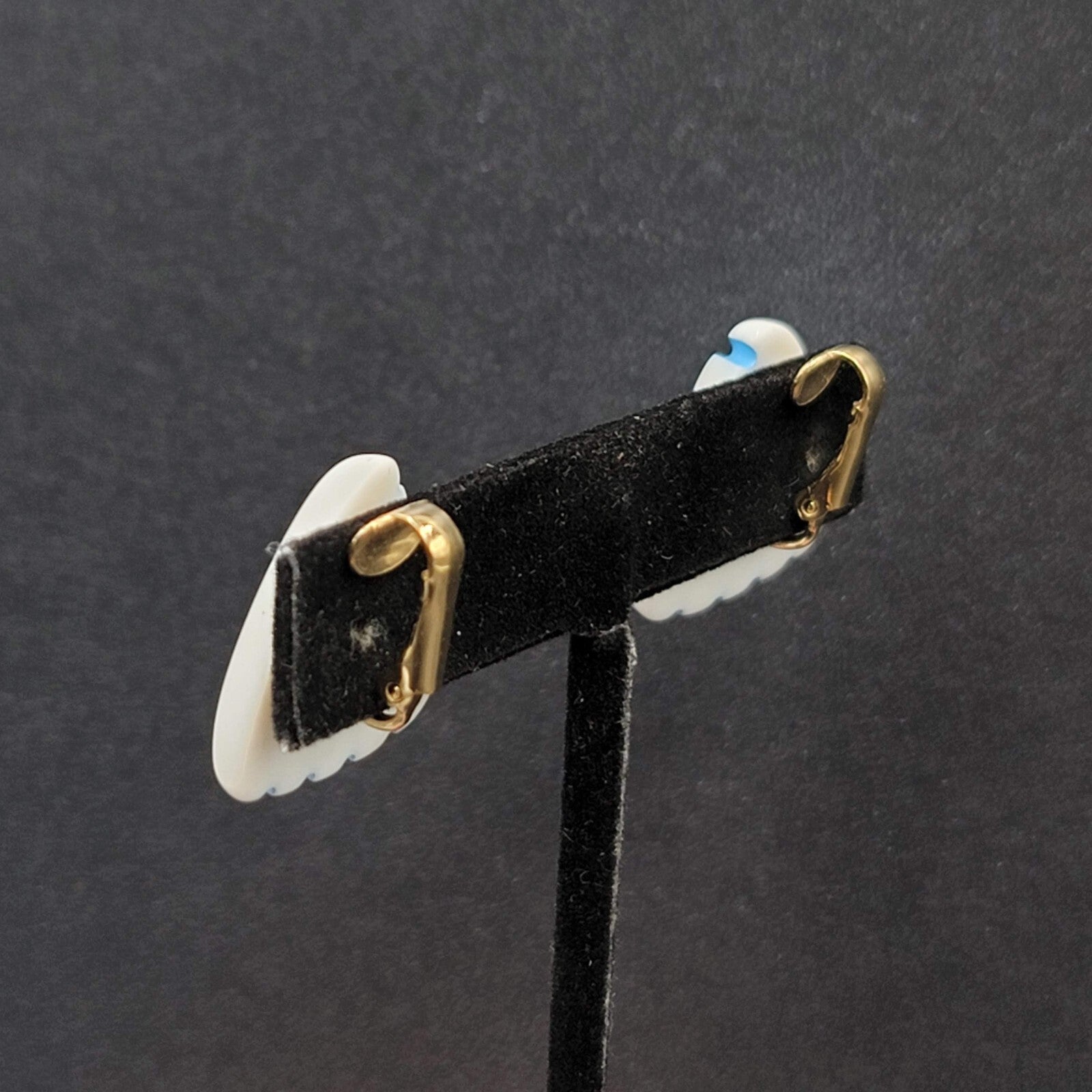 Vintage Clip on Earrings White Blue Stripes Acrylic Triangle 7/8"