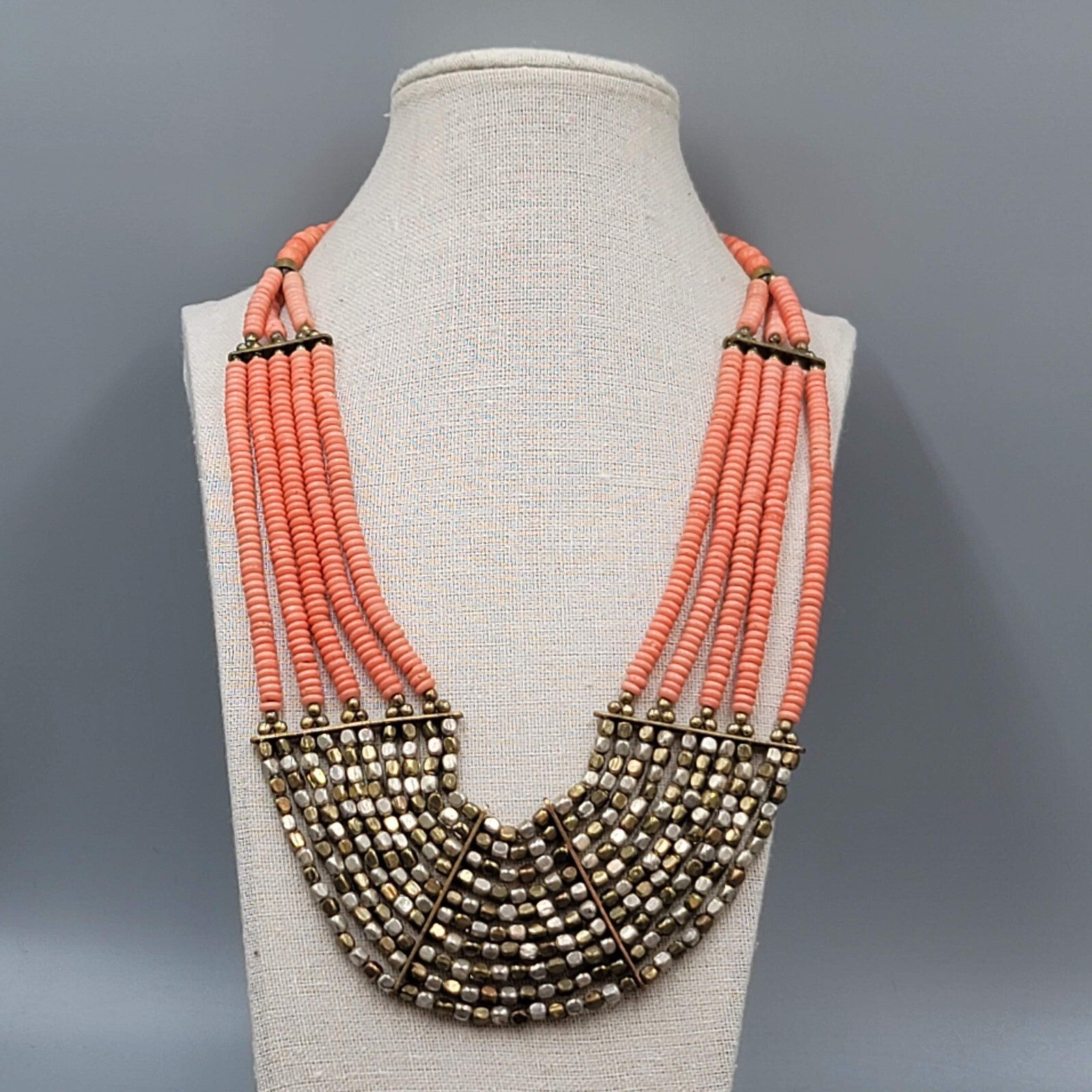 Artisan Faux Coral Bead Bib Boho Necklace Pink Metal Multistrand 20"