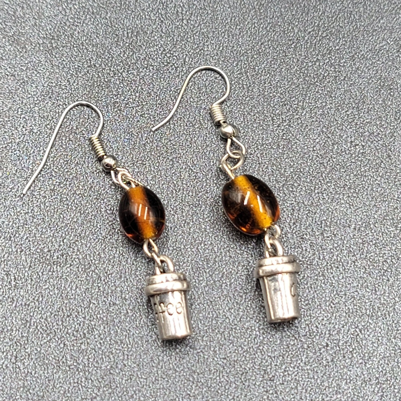 Coffee Pierced Earrings Silver tone Brown Glass Bead Dangle 1.25"