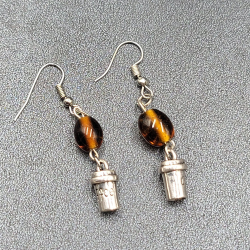 Coffee Pierced Earrings Silver tone Brown Glass Bead Dangle 1.25"