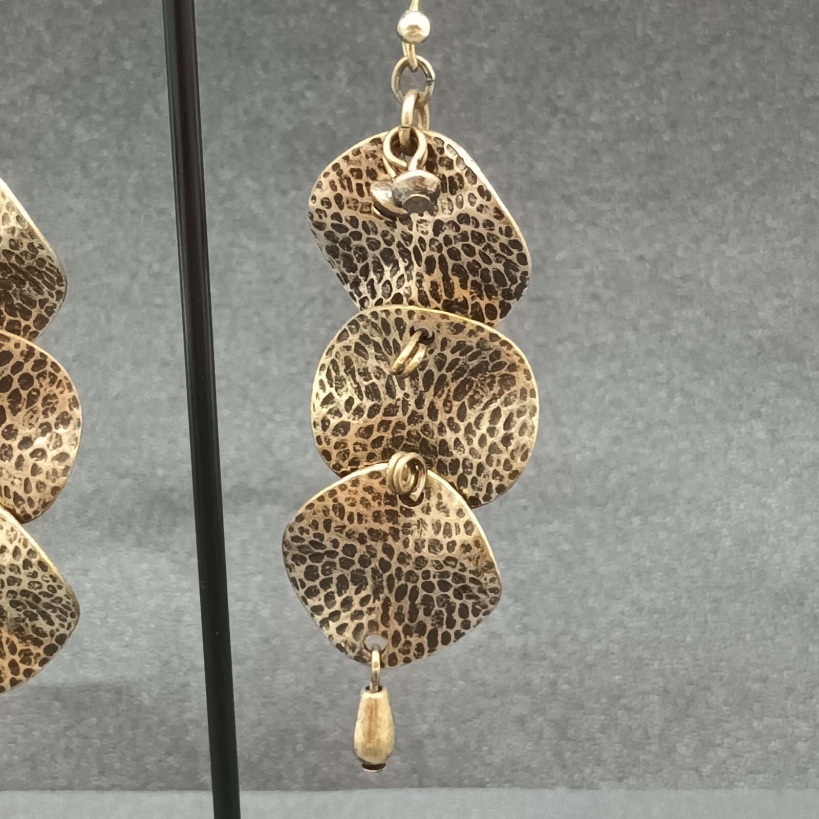 Pierced Earrings Antiqued Hammered Gold tone Wavy Circles Statement Drop 2 3/8"