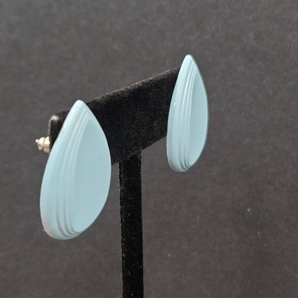 Vintage Pierced Earrings Blue Enamel over Metal Teardrop 1"