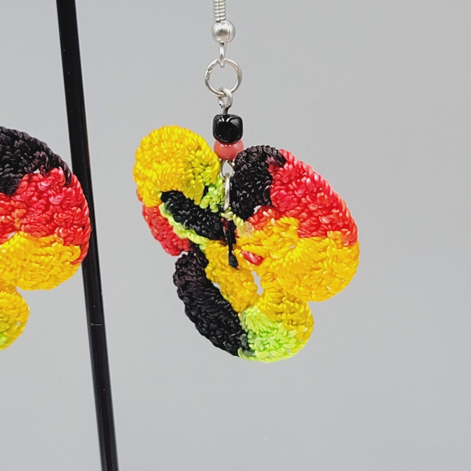 Crochet Pierced Earrings Red Black Yellow Green Dangle 1.5"