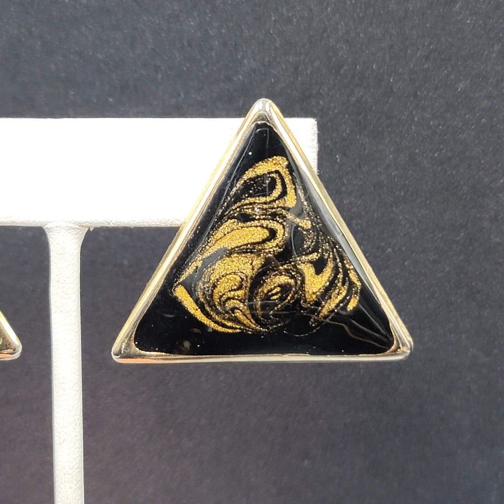 Vintage Clip on Earrings Black Gold Enamel Triangle Large Statement 1 3/8"