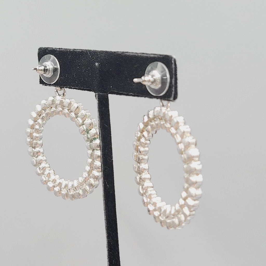Blue Rhinestone Pierced Earrings Silver tone Open Circle Dangle 1 5/8"