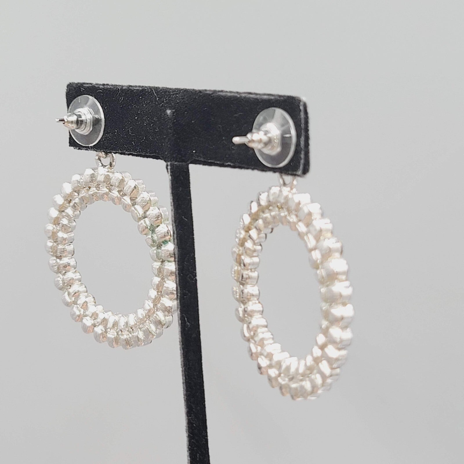 Blue Rhinestone Pierced Earrings Silver tone Open Circle Dangle 1 5/8"