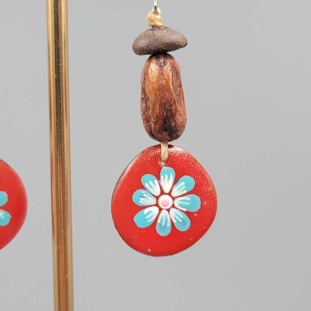 Artisan Bead Pierced Earrings Coffee Bean Seed Hand Painted Dangle 1.75"
