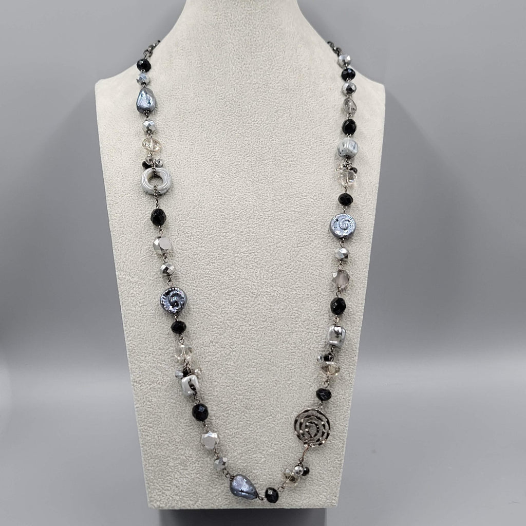 Youmi K Necklace Gunmetal Gray Metal Black Silver tone Beads 32"