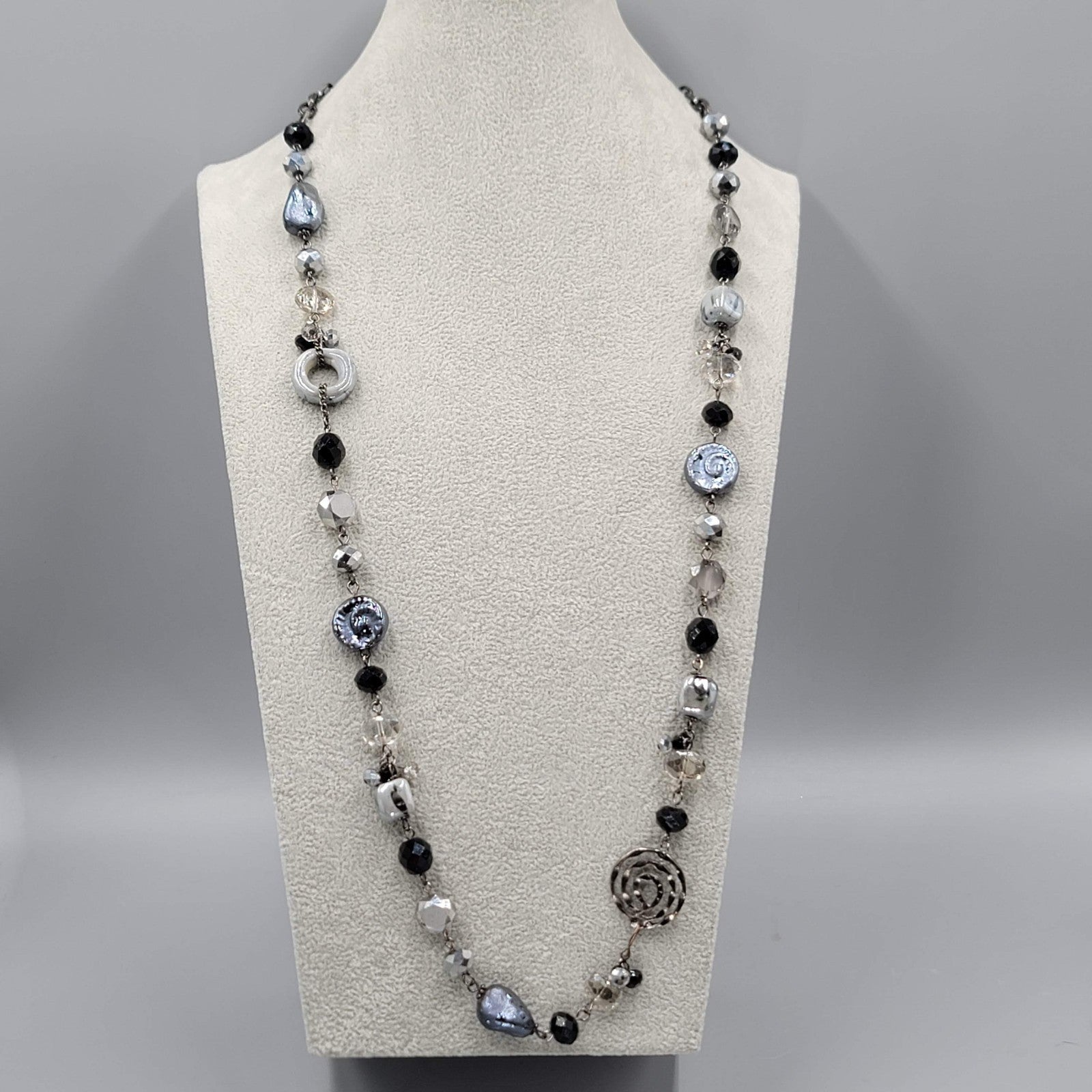 Youmi K Necklace Gunmetal Gray Metal Black Silver tone Beads 32"