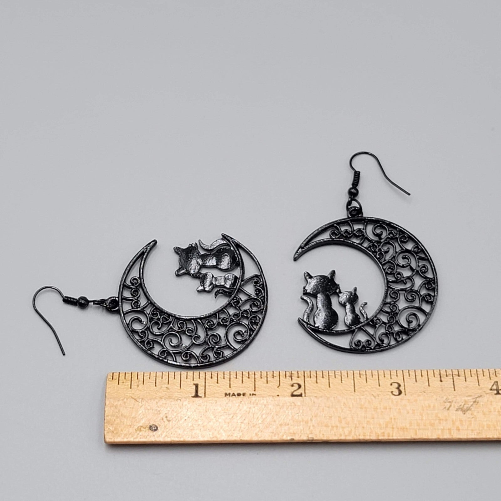 Cat Pierced Earrings Moon Black Enamel Silhouette Dangle 1 5/8"
