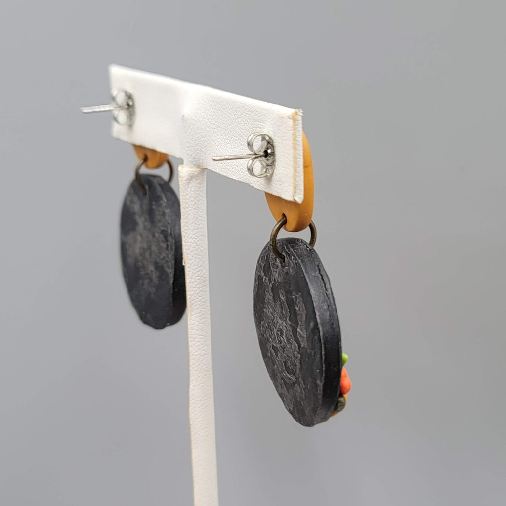 Polymer Clay Flower Pierced Earrings Tan Black Dangle Fall 1.75"