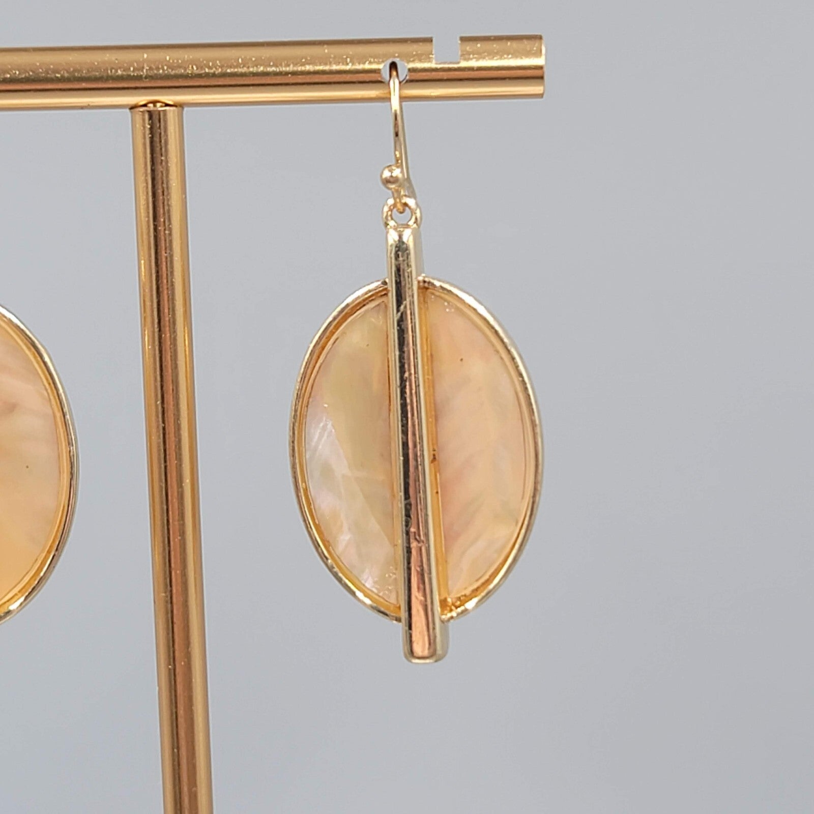 Oval Pierced Earrings Gold tone Dangle Peach Iridescent 1.5"