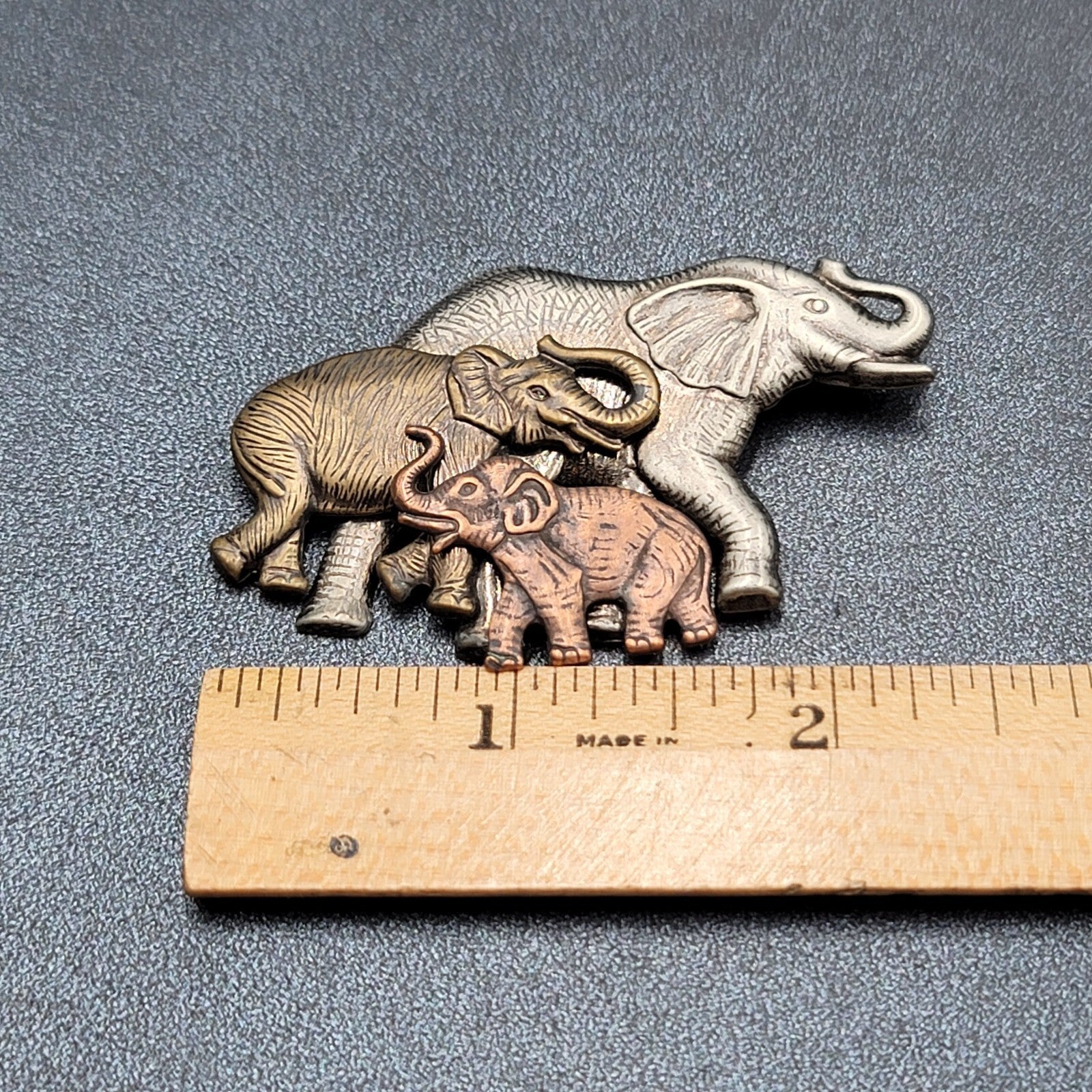 Vintage K & T Elephants Brooch Pin Copper Brass Silver Tone Modern Signed