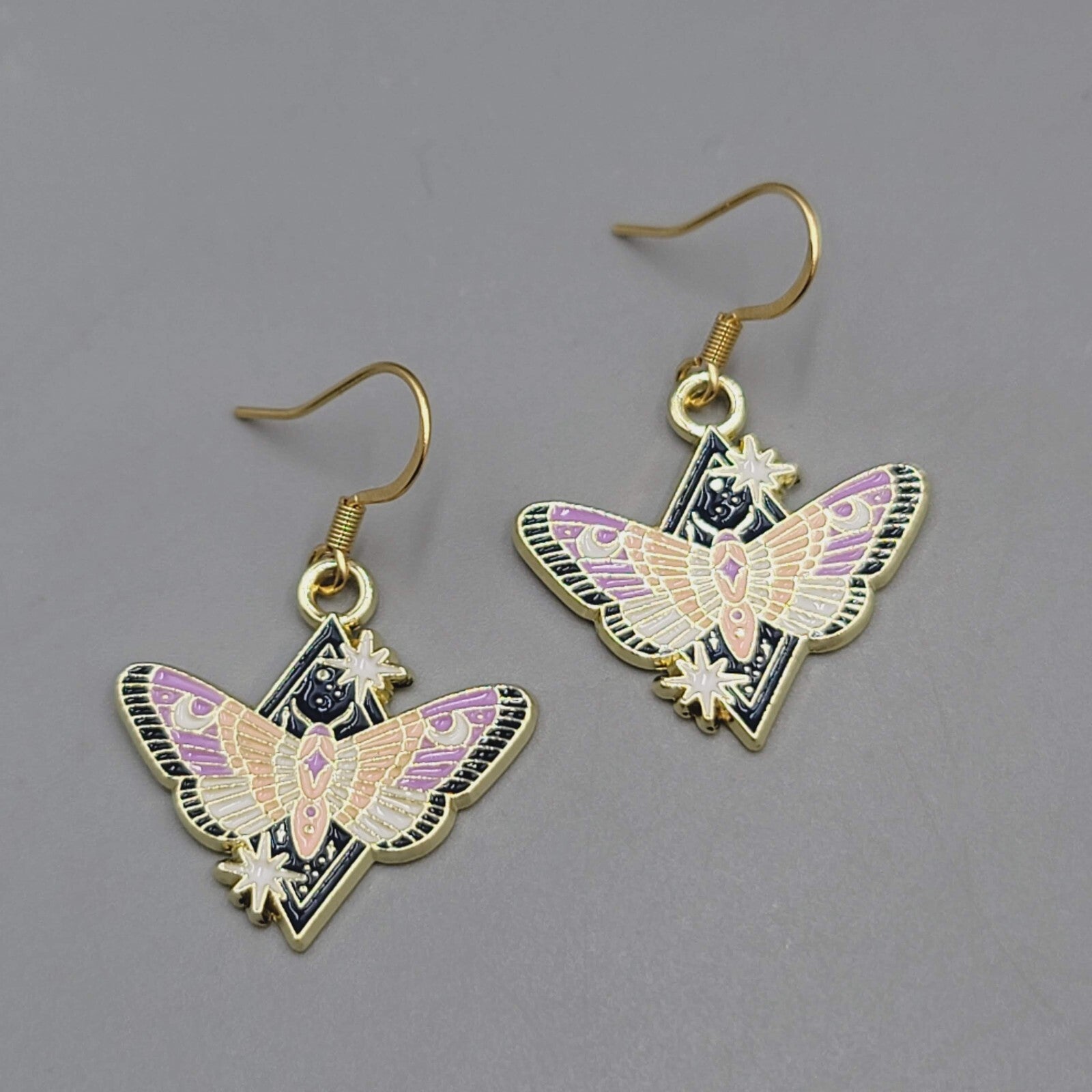 Purple Moon Moth Enamel Pierced Earrings Gold tone Dangle Butterfly 7/8"