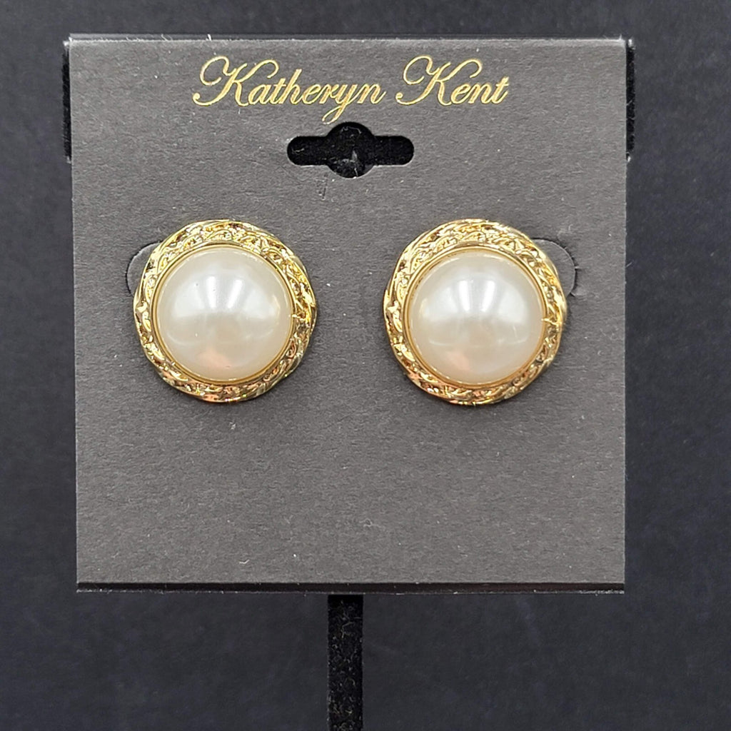 Katheryn Kent Pierced Earrings Gold tone Domed White Studs NOS 3/4"