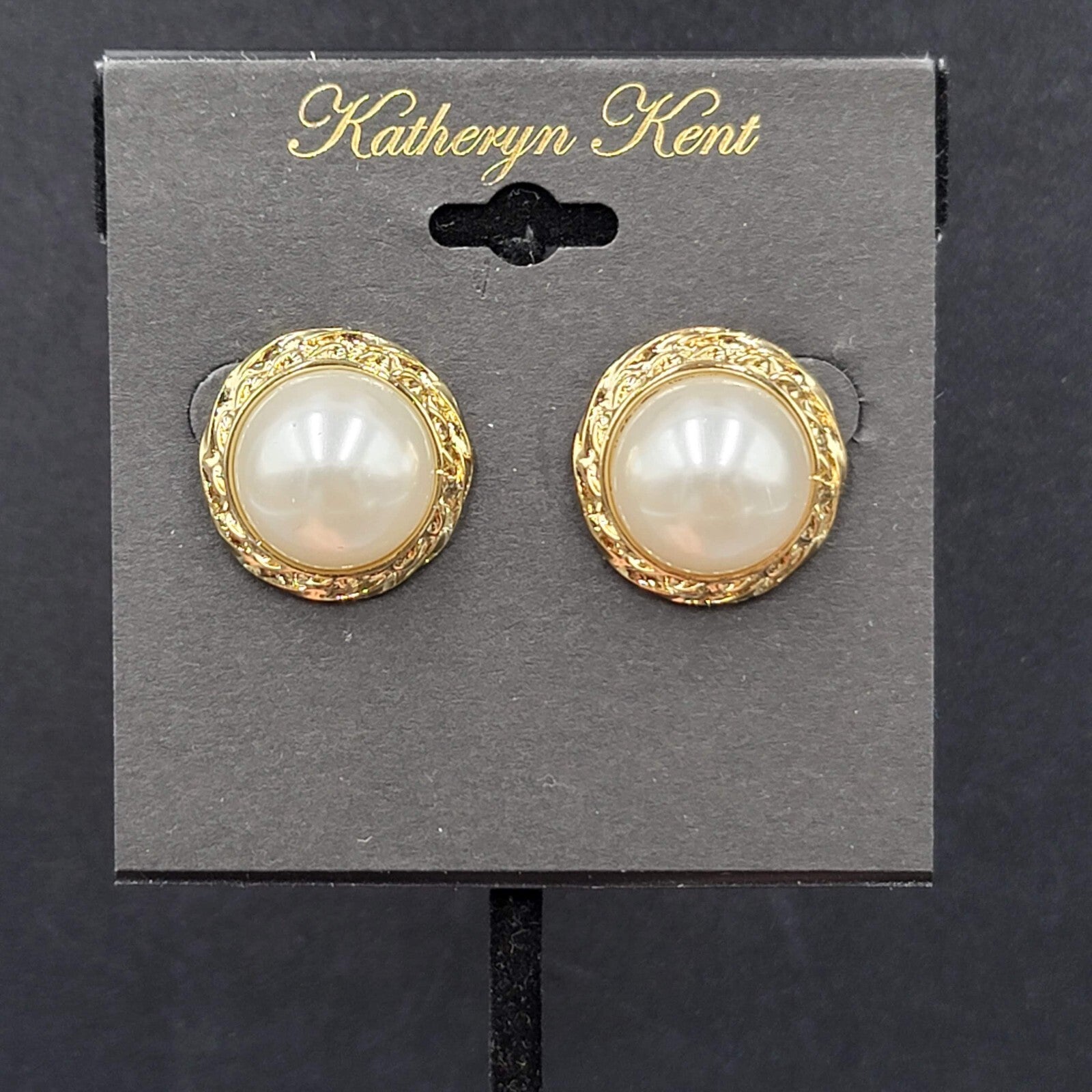 Katheryn Kent Pierced Earrings Gold tone Domed White Studs NOS 3/4"